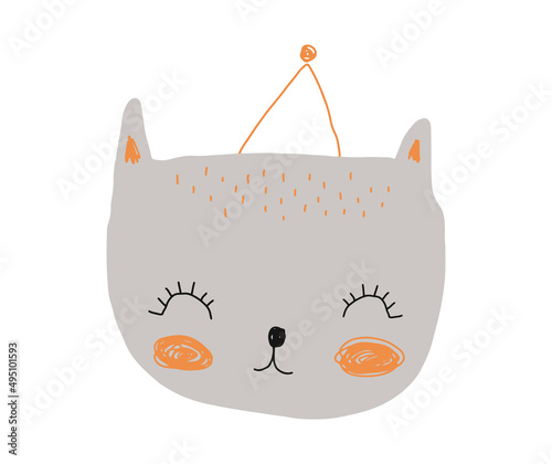 Cute Hand Drawn Gray Kitty Vector Illustration. Lovely Nursery Art with Funny Cat in a Party Hat Isolated on a White Background. Kids Room Decoration. Lovely Print for Cat Lovers.
