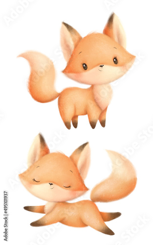 Illustration of a cute cartoon little fox. Cute animals.