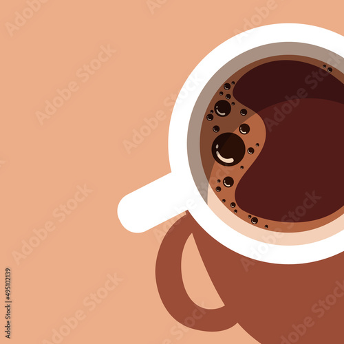 Coffee cup flat design vector image. Cup of coffee top view. Flat style with long shadow. Vector modern flat design illustration on mug with coffee