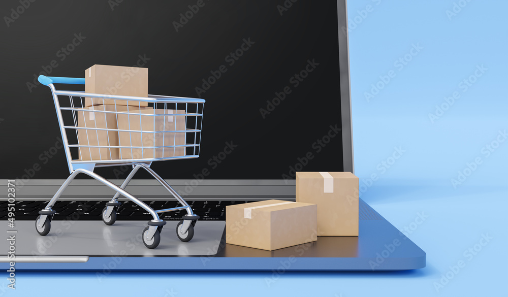 Carton boxes in shopping cart on the laptop pc isolated on blue background. E shopping concept. Ecommerce Online parcel delivery. 3d rendering.