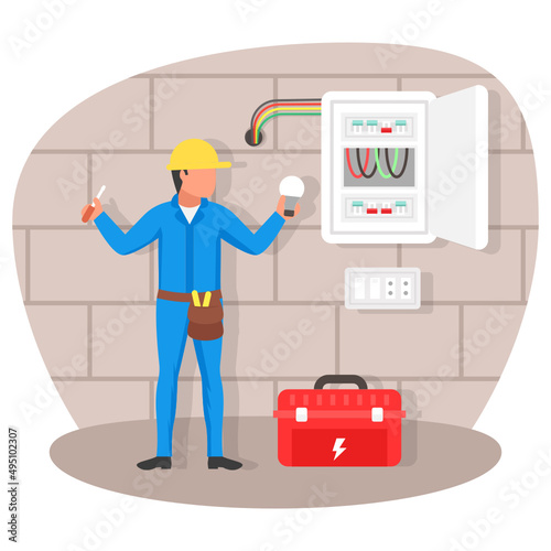 Identifying and Fixing Issues With Wiring at Home Concept vector color icon design, Electrician Profession symbol, Power Supply and wiring Sign, handyman and Repairman tools stock illustration
