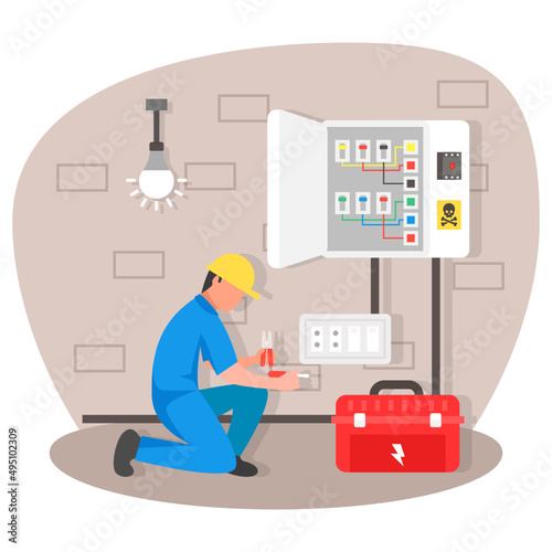 Electrical Wire Service Connector in Basement with Toolbox Concept vector color icon design, Electrician Profession symbol, Power Supply and wiring Sign, handyman and Repairman tool stock illustration
