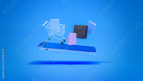 Online shopping via smartphone application, shopping cart and shopping bag on the mobile phone isolated on blue background. Online shopping, e-commerce concept. 3D rendering.