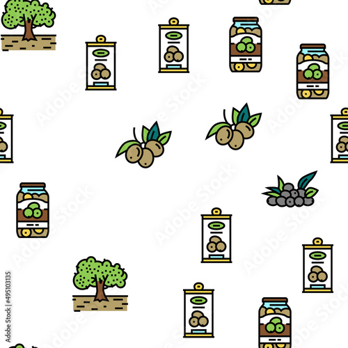 Olive Production And Harvesting Vector Seamless Pattern Thin Line Illustration