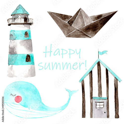A watercoor children illustration. A set of summer things: a lighthouse, a paper boat, a cabin and a whale made in mint and brown colours