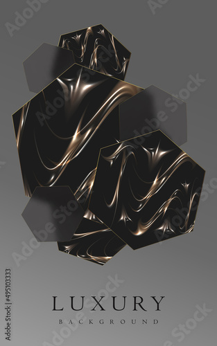 Luxury abstract background with golden foil on dark, modern black backdrop concept 3d style. Gold, glass, black colors brochure, flyer, invitation template. Geometric shape hexagon. Vector.