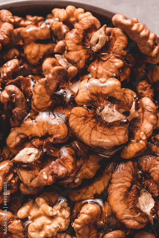 Close up of walnuts with honey