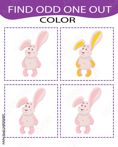 Find odd one out - game for kids to study colors,  develop attention and logic. Printable worksheet. Educational game for children, kids preschool age.