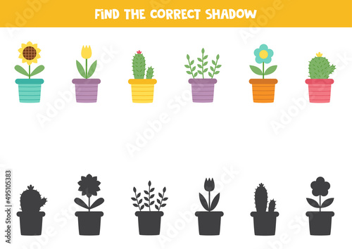 Find the correct shadows of cute flowerpots. Logical puzzle for kids.