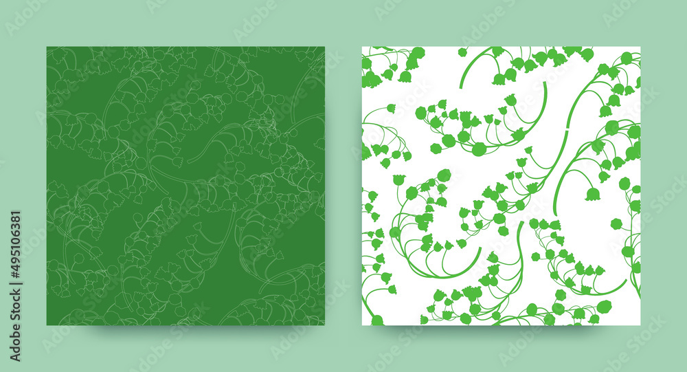 Lily Bell Textile Print. Vintage Floral Decoration. Convallaria Majalis Texture. Green Lily of the Valley. Fresh Leaves Ornament. Blossom Fabric Design. Lily Bell Illustration.