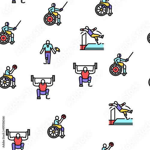 Handicapped Athlete Sport Game Vector Seamless Pattern Thin Line Illustration