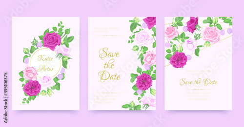 Wedding Card. Engagement Poster with Decorative Roses. Summer Leaves Cover. W...