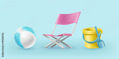 3d realistic vector icons. Summer set of chair, sand yellow plastic bucket with  spade.