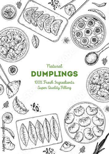 Dumplings top view frame. Food menu design template. Hand drawn vector illustration. Chinese dumplings. Vintage illustration. Hand drawn food sketch. Design template.