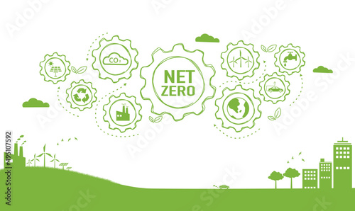 Net zero and carbon neutral concept. Net zero greenhouse gas emissions target. Climate neutral long term strategy with green net zero icon and green icon on green background.