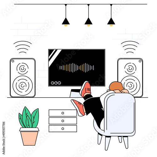 A young man sits in a relaxed position and listens to music at home. The guy puts his feet on the table and looks at the screen. The music comes from the speakers. Vector illustration of cartoon man. 