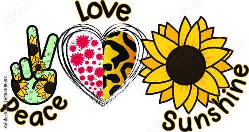Peace, Love Sunshine Sunflower T-Shirt It can be used on T-Shirt, labels, posters, icons, Sweater, Jumper, Hoodie, Mug, Sticker, Pillow, Bags, Greeting Cards, Badge, Or Poster
