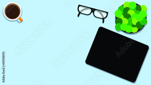 Table top view with tablet computer and coffee cup, green plant and glasses. Workspace or workplace top view. vector illustration