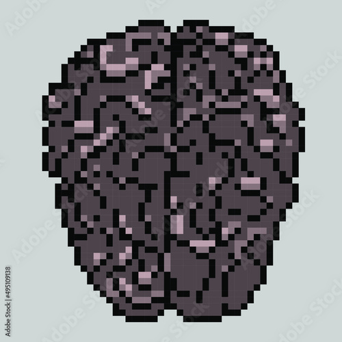 Pixel brain. Retro 8 bit gamer. Sign for banners, t shirts. Vector meme.