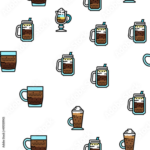 Coffee Types Energy Morning Drink Vector Seamless Pattern Thin Line Illustration