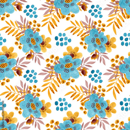 Watercolor  seamless pattern. Compositions of blue and yellow flowers and leaves.