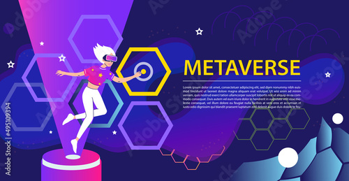 Metaverse Digital Virtual Reality Technology concept banner. Woman with glasses and a headset VR connected to the virtual space of metaverse. Female touched digital virtual screen. Vector illustration