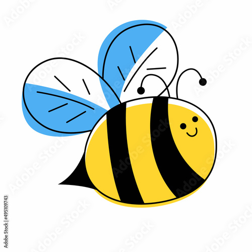 Outline cute flying bee with colorful accents. Mascot character isolated for icon, logo, print.