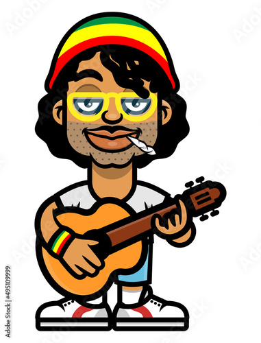Cartoon illustration of dreadlocks men wearing beanie hat with rastafari flag colors playing guitars while smoking marijuana  best for mascot  sticker  and logo with reggae music themes