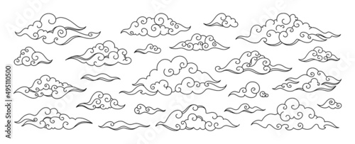 Oriental line clouds. Chinese and Japanese cloudy shapes. Cloudscape elements design for print. Sky precipitation. Stratocumulus and cumulus. Blowing wind. Vector traditional drawing set