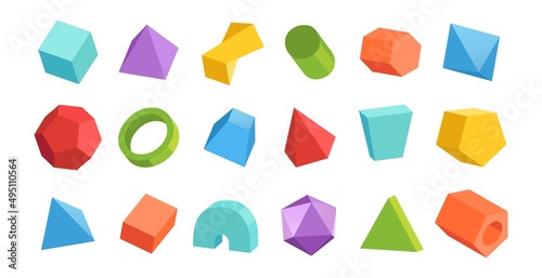 Cartoon geometric figures. 3D abstract shapes. Cylinder and pyramid. Minimal parallelepiped. Triangular and hexagonal prisms. Math and geometry. Vector colorful polygonal forms set
