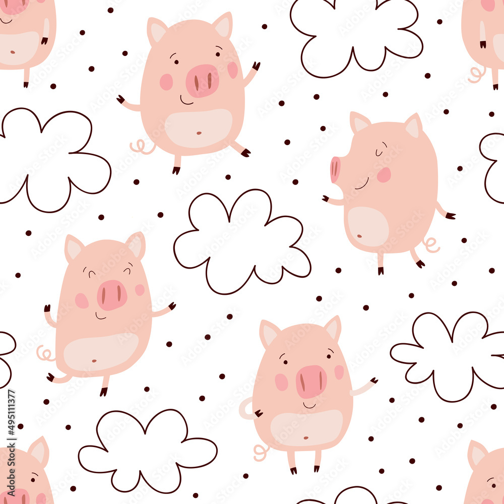 Seamless pattern with cute pigs.