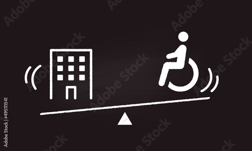 ビルと車椅子、仕事と介護・病気の両立イメージイラスト、黒板にチョーク、ベクター
