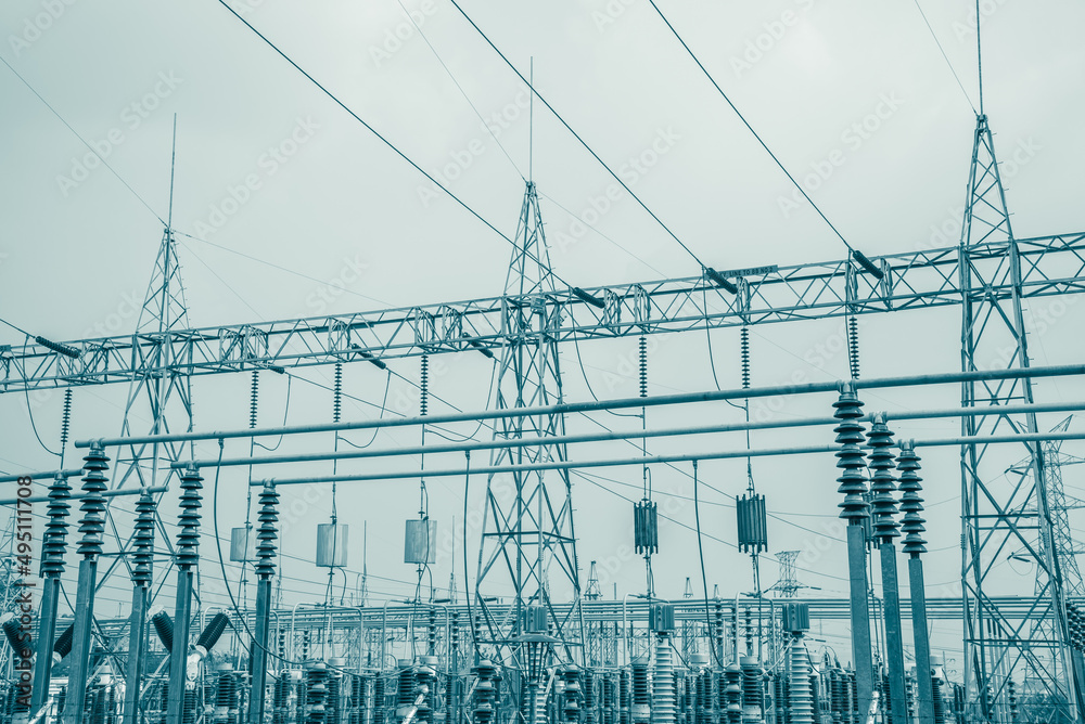 Electrical power station transmission and distribution system in monochrome color tone. Energy, electric technology concept.