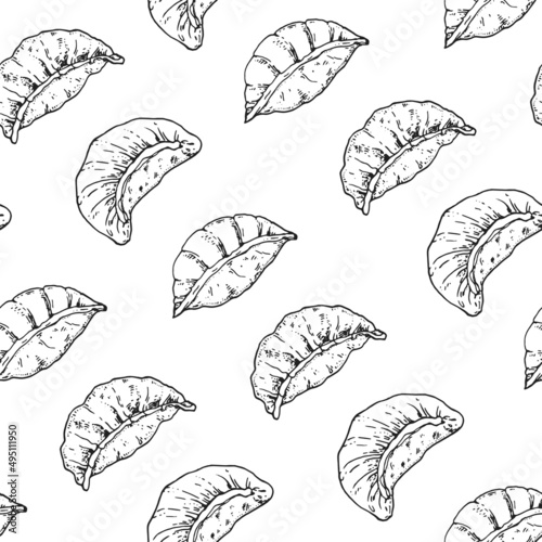 Gyoza or dumplings seamless pattern. Hand drawn vector illustration. Food sketch background.