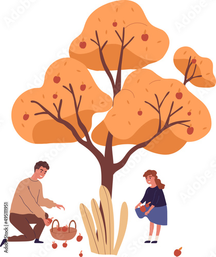 Father and Daughter Picking Harvest Cartoon Illustration