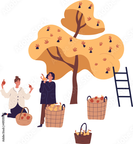 People Picking Fruit Harvest Cartoon Illustration