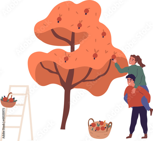 Happy Couple People Picking Harvest Cartoon Illustration