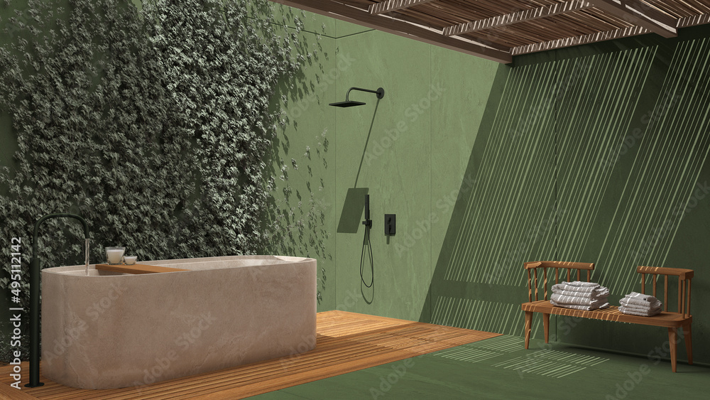 Minimalist bathroom in green tones, japanese zen style, exterior eco ...
