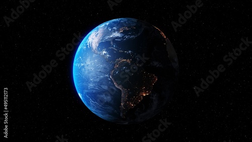 Planet earth with realistic geography surface and orbital 3D cloud atmosphere . Outer space view of world globe sphere of continents . 3D rendering graphic . Elements of this image furnished by NASA .