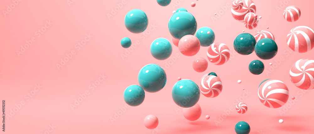Scattered floating colored spheres on a vibrant background - 3D render