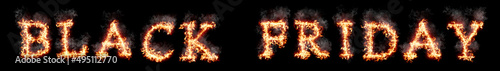 Text black friday burning with fire and smoke, digital art isolated on black background