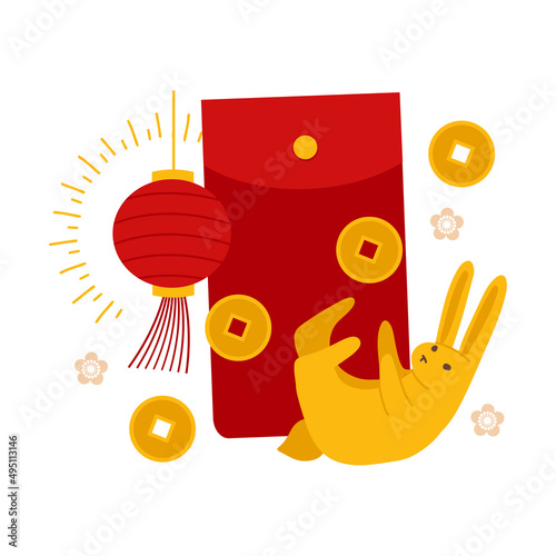 CNY greeting card with rabbit playing with money newt to big angpao or red envelope. Big red packet with lantern, coins and flowers Animal zodiac symbol of 2023. Vector flat illustration.