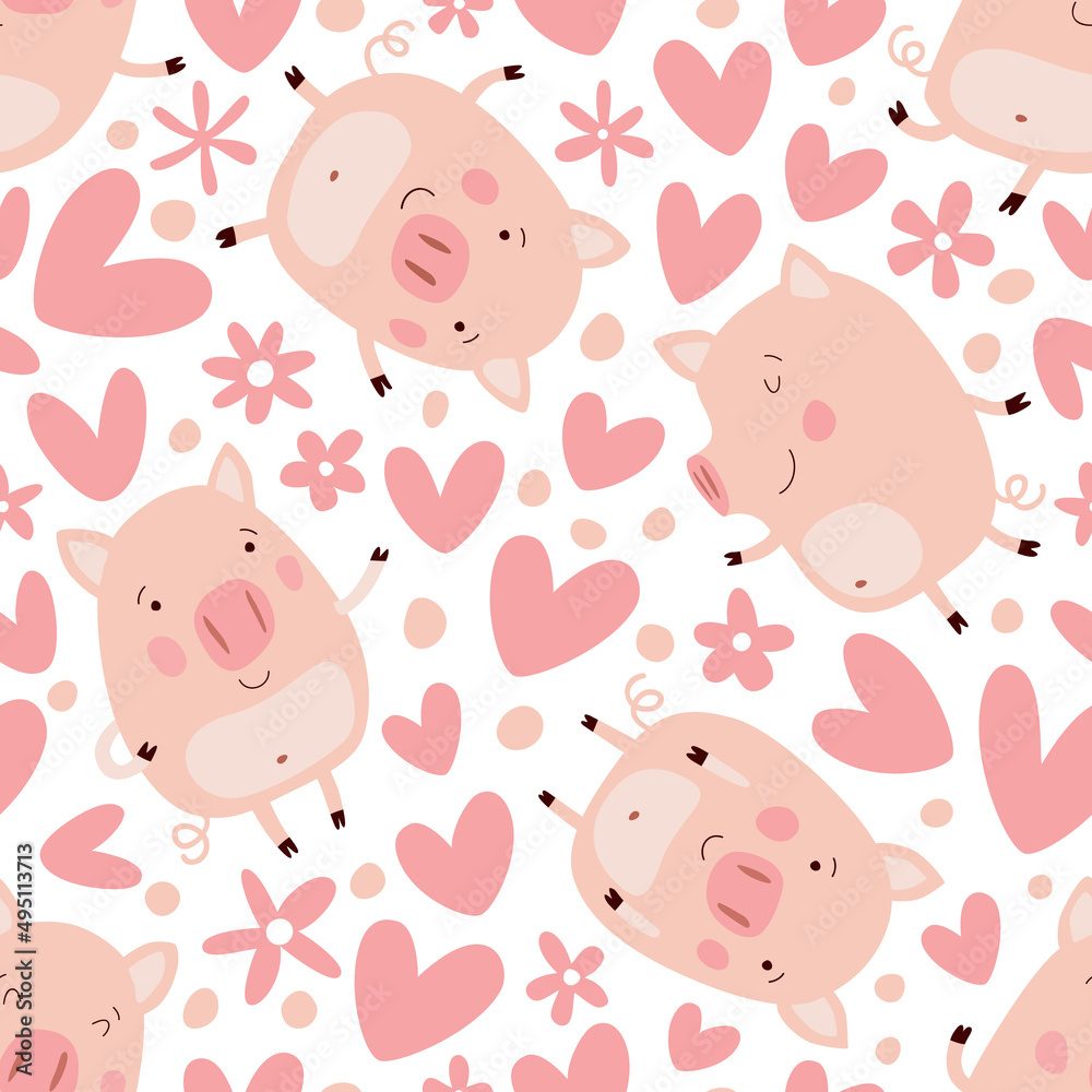 Seamless background with cute pigs and hearts.