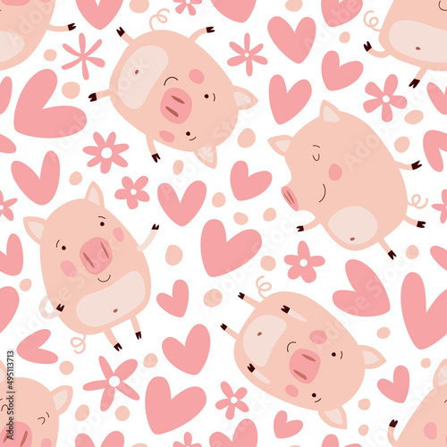 Seamless background with cute pigs and hearts.