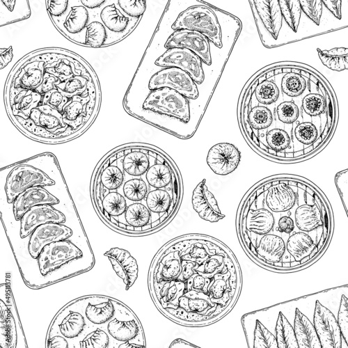 Dumplings seamless pattern. Hand drawn vector illustration. Food sketch background.