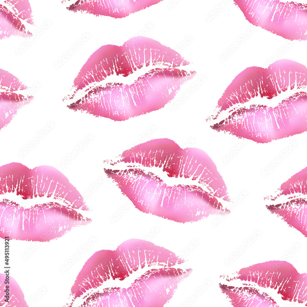 Fototapeta premium Vector seamless pattern with pink lip imprints isolated on white background.