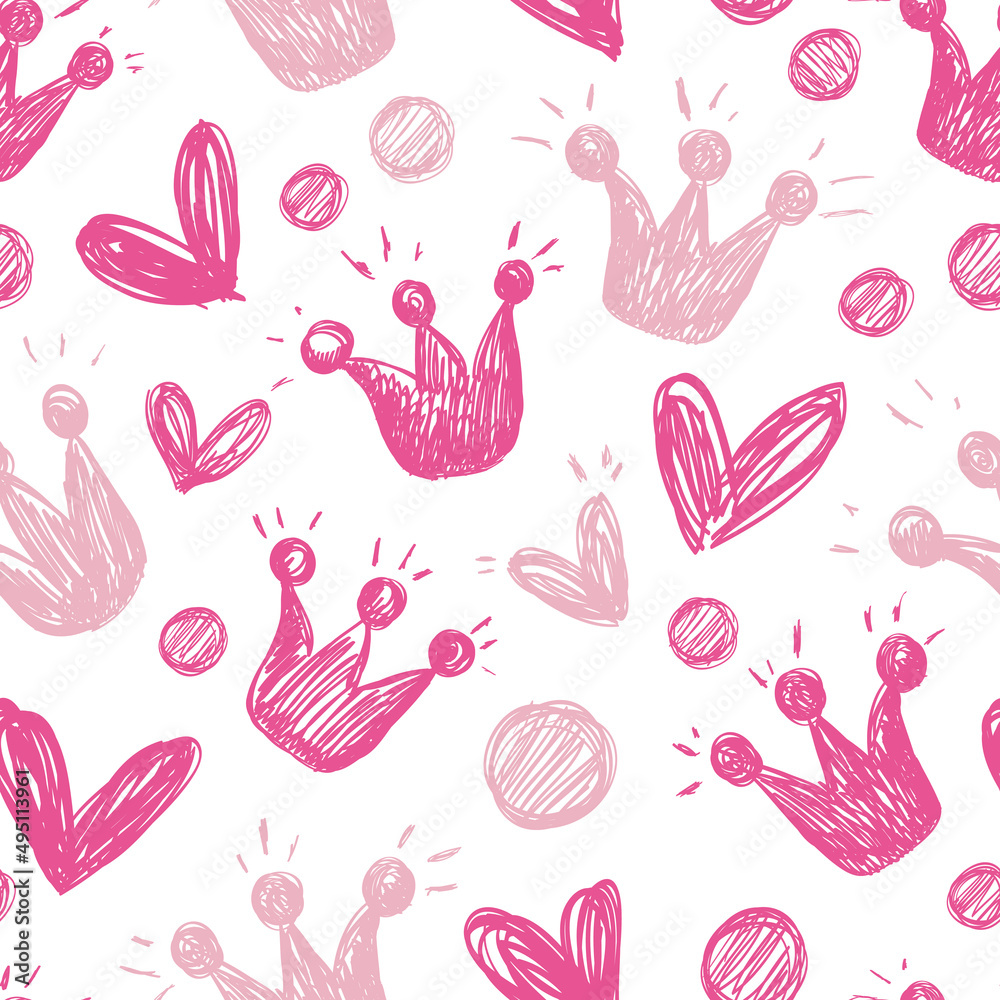 Seamless background with crowns, hearts and polka dots. A simple pattern with two colors pink and white.