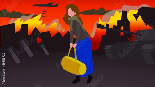 A refugee flees the war, behind which buildings are burning.
Flat illustration.