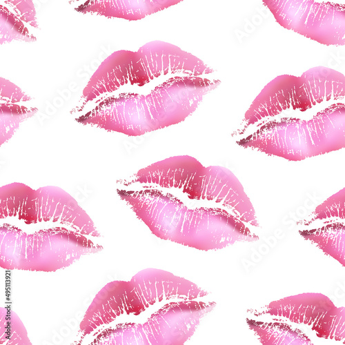 Vector seamless pattern with pink lip imprints isolated on white background.