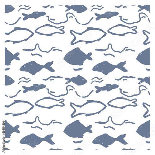 Seamless pattern of silhouette fishes. Marine themed. Figure for textiles. Repeating texture.